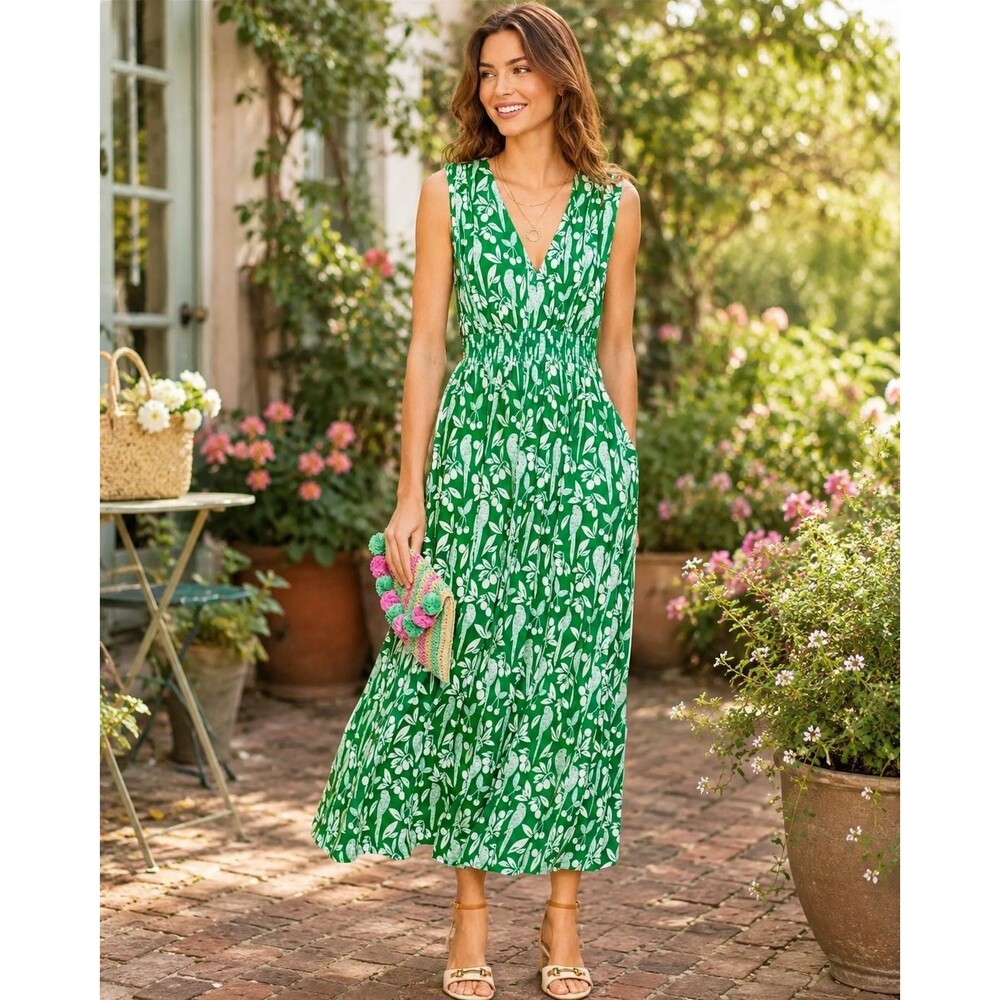 BODEN Women's New Paloma Jersey Maxi Dress 8 R Green White Smocked D1285